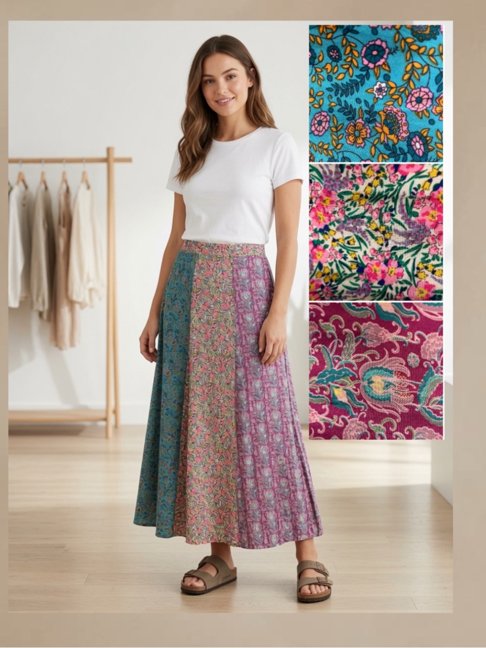 NATURAL LIFE Valentina Maxi Skirt Teal, Pink and Coral Magenta Patchwork A-Line